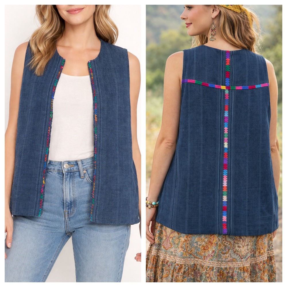Handmade XL Embroidered Cotton Twill Open Front Artsy Vest Pockets Blue XL